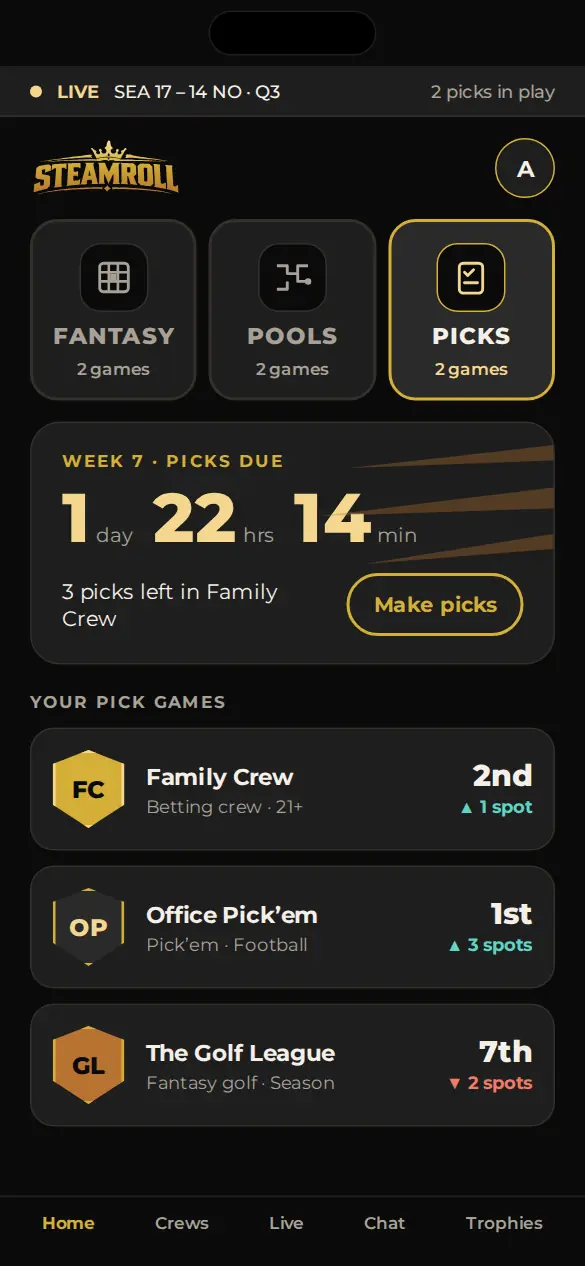 The hub: Fantasy, Pools and Picks, a countdown to picks closing and your crews' standings.