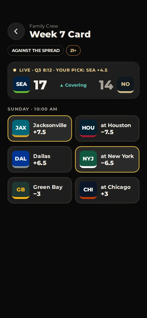 A crew's weekly picks card: a live game and the spreads to pick from.
