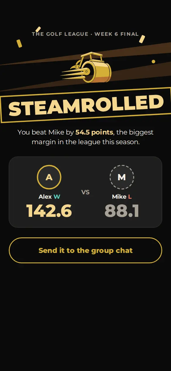 The win screen after a big fantasy golf week, with a button to send it to the group chat.